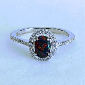 Sterling Silver Ring Black Opal and Cubic Zirconia